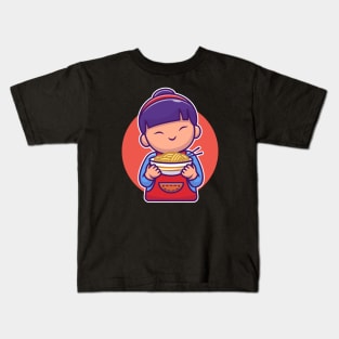 Cute Asian Girl Holding Noodle Cartoon Kids T-Shirt